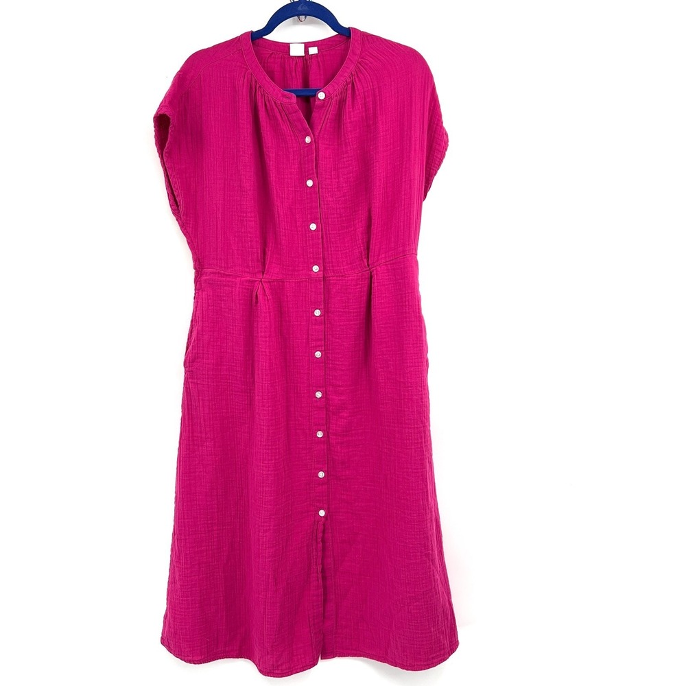 Gap fucshia petal gauze shirt‎ dress button front casual bright coastal preppy M